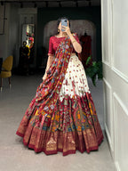Lorenvalley Off White Tussar Silk Kalamkari Print with Foil Work Border Lehenga Choli with Dupatta | Grocsy