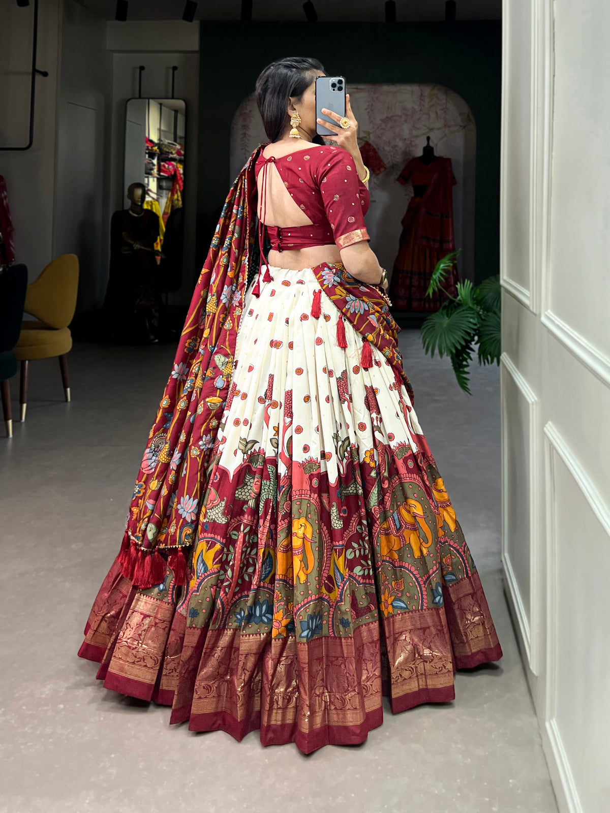 Lorenvalley Off White Tussar Silk Kalamkari Print with Foil Work Border Lehenga Choli with Dupatta | Grocsy