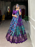 Lorenvalley Purple Tussar Silk Kalamkari Print with Foil Work Border Lehenga Choli with Dupatta | Grocsy