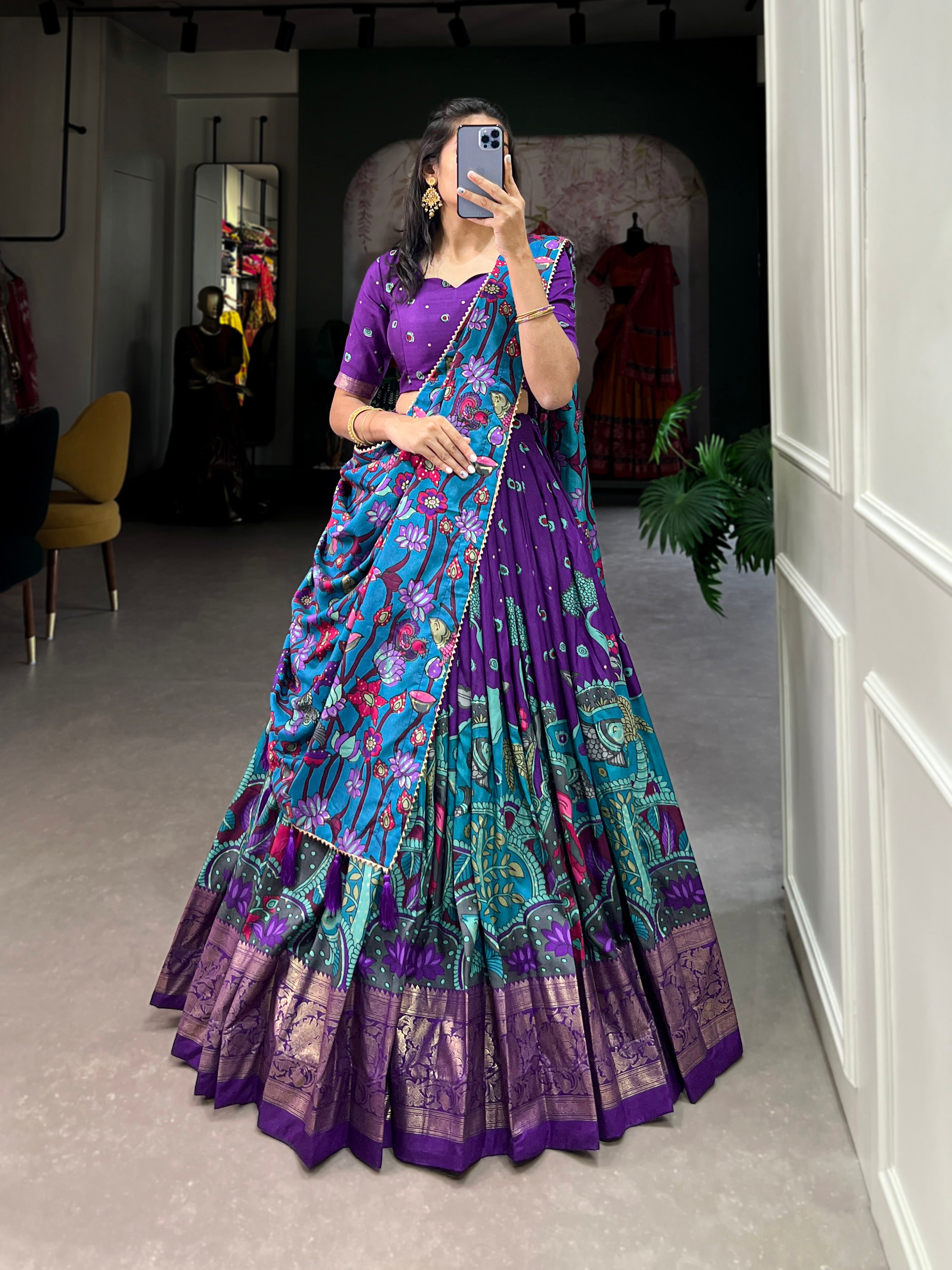 Lorenvalley Purple Tussar Silk Kalamkari Print with Foil Work Border Lehenga Choli with Dupatta | Grocsy