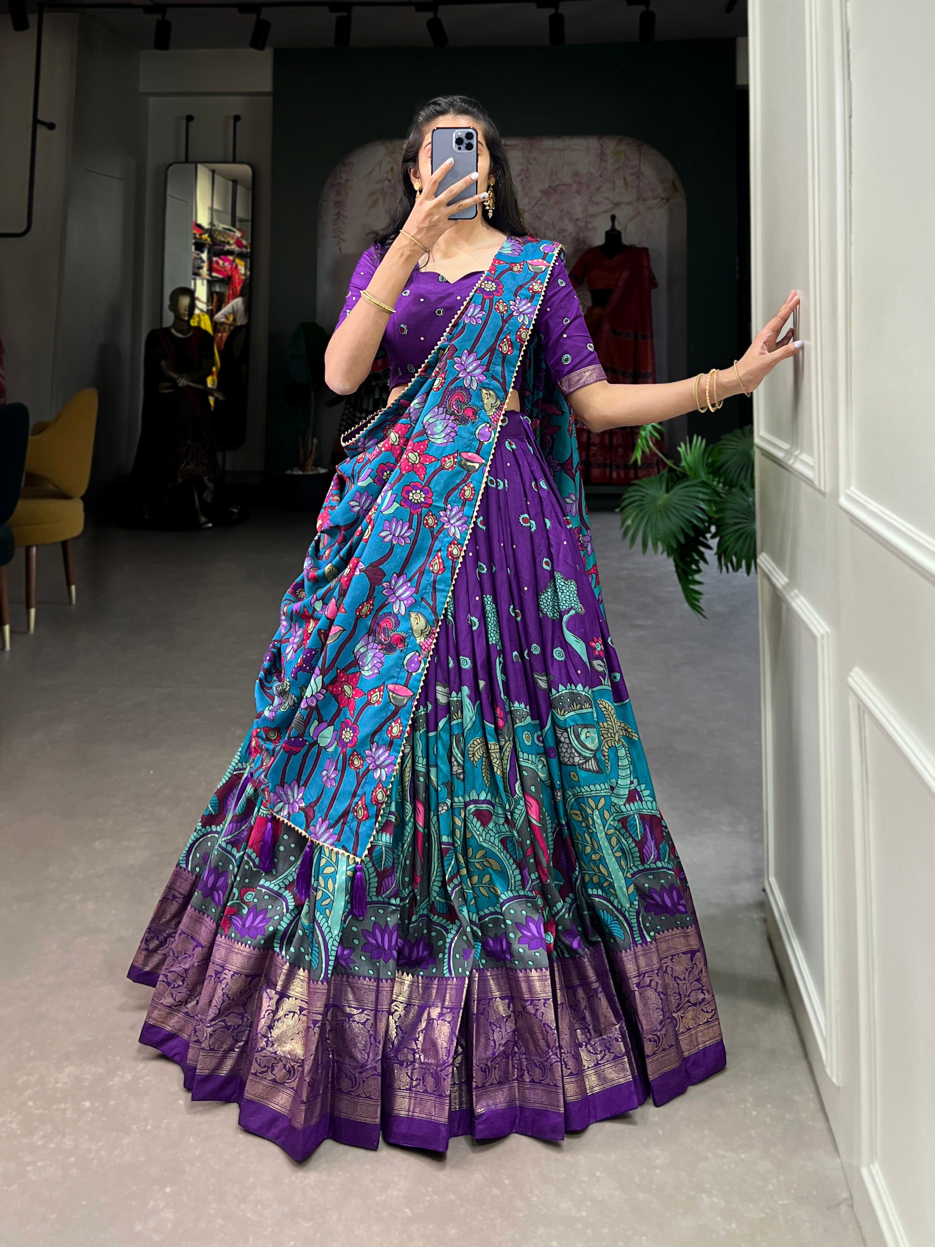 Lorenvalley Purple Tussar Silk Kalamkari Print with Foil Work Border Lehenga Choli with Dupatta | Grocsy