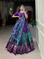 Lorenvalley Purple Tussar Silk Kalamkari Print with Foil Work Border Lehenga Choli with Dupatta | Grocsy