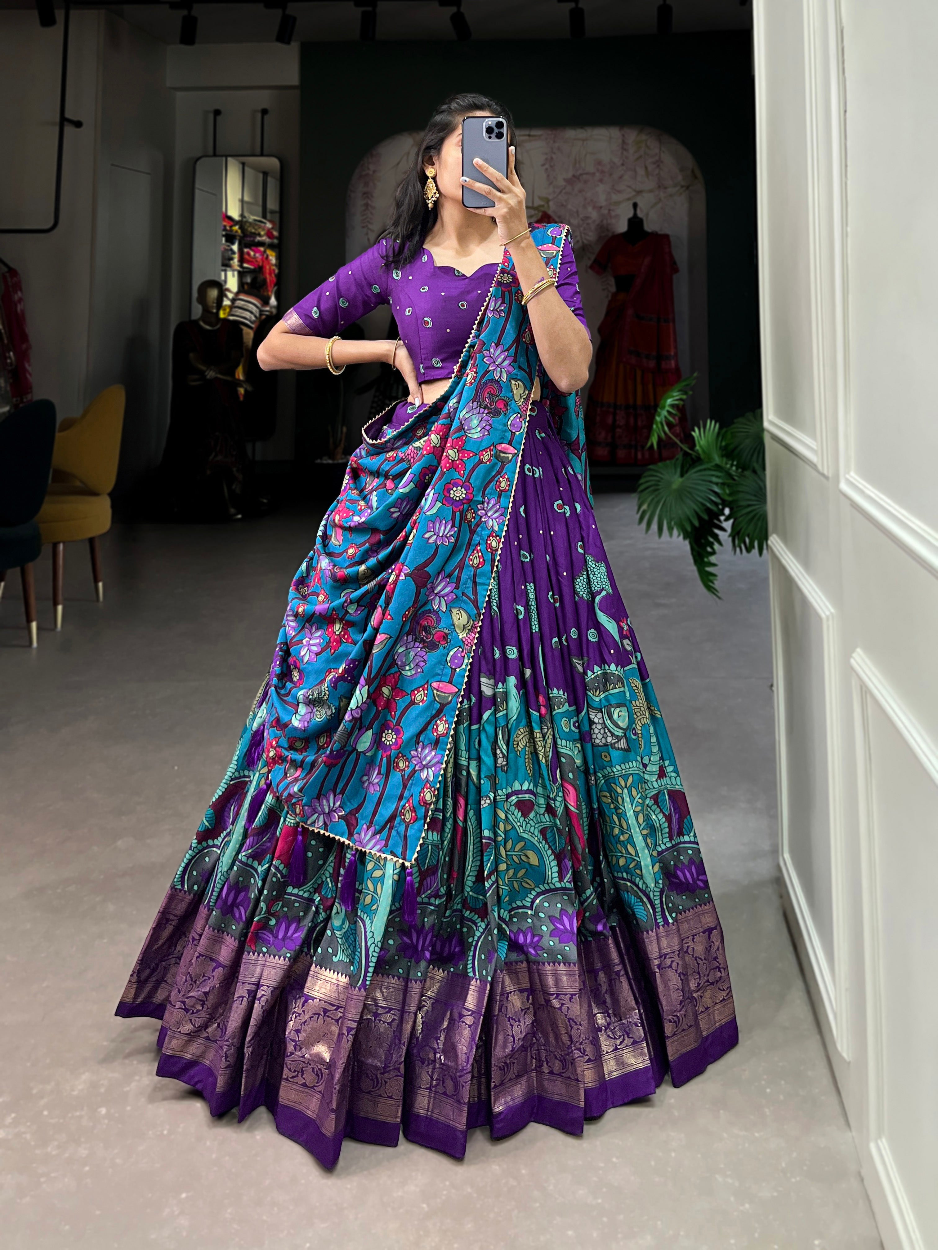 Lorenvalley Purple Tussar Silk Kalamkari Print with Foil Work Border Lehenga Choli with Dupatta | Grocsy