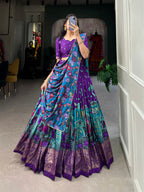 Lorenvalley Purple Tussar Silk Kalamkari Print with Foil Work Border Lehenga Choli with Dupatta | Grocsy