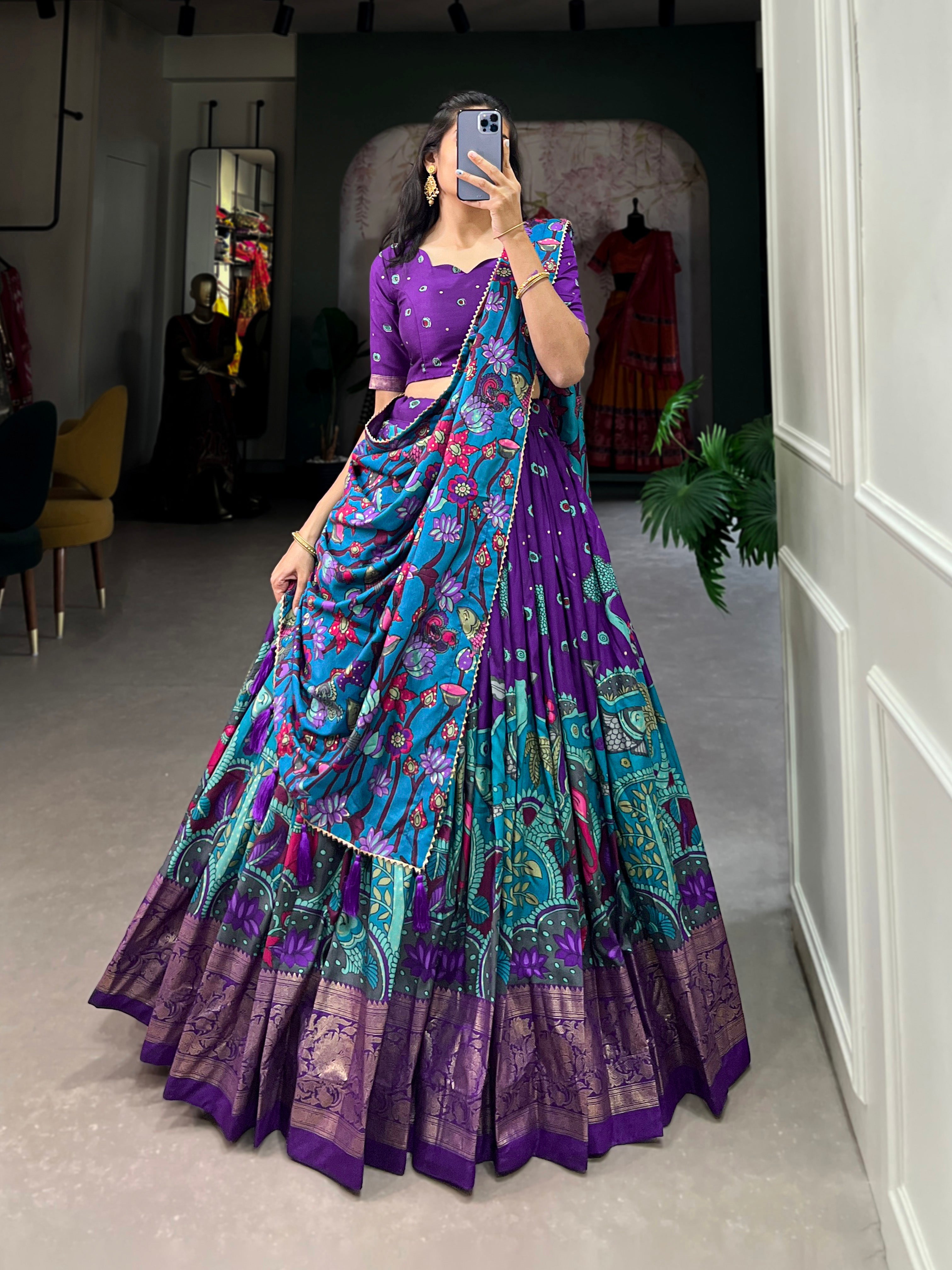 Lorenvalley Purple Tussar Silk Kalamkari Print with Foil Work Border Lehenga Choli with Dupatta | Grocsy