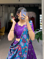 Lorenvalley Purple Tussar Silk Kalamkari Print with Foil Work Border Lehenga Choli with Dupatta | Grocsy