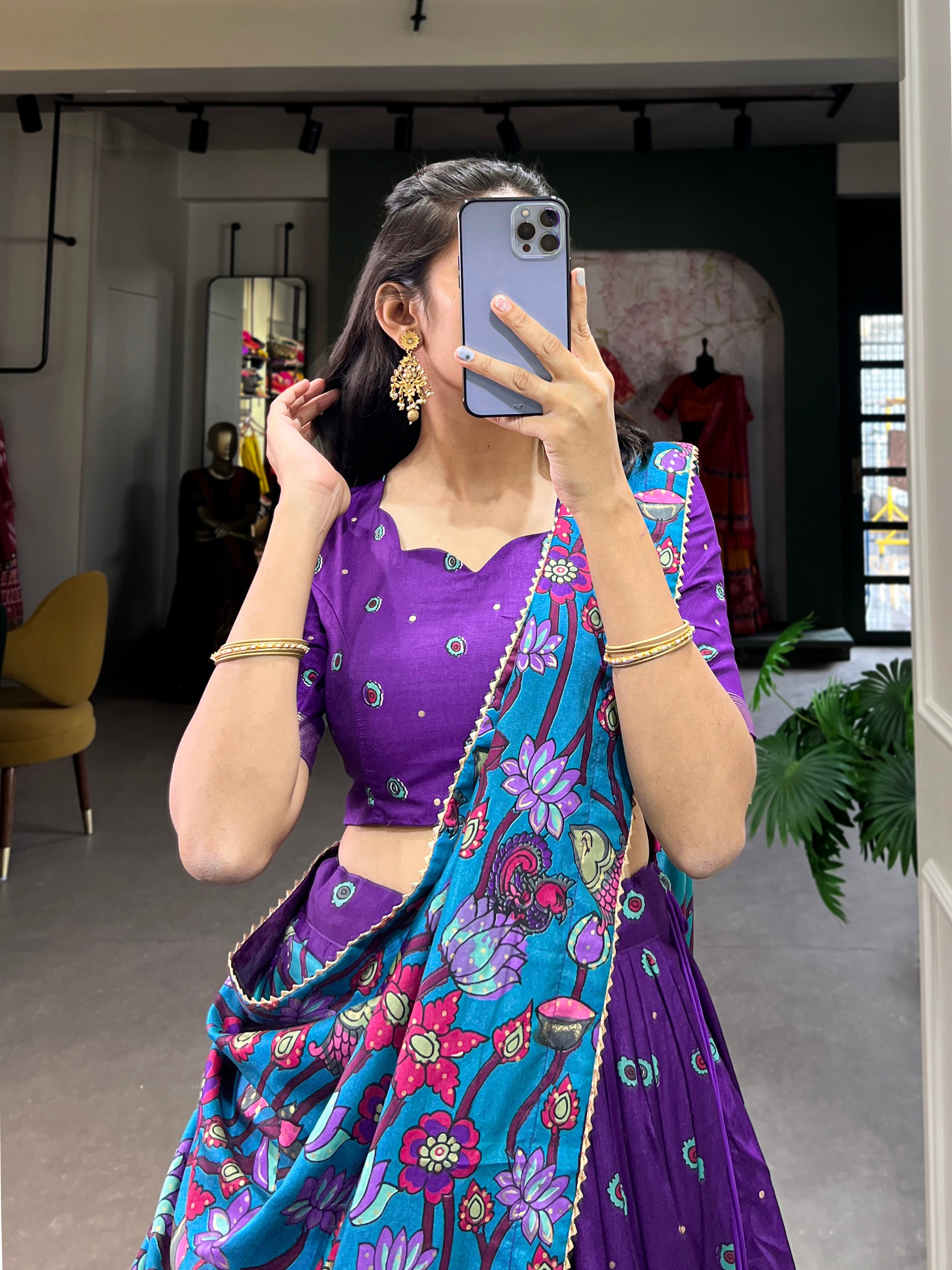 Lorenvalley Purple Tussar Silk Kalamkari Print with Foil Work Border Lehenga Choli with Dupatta | Grocsy