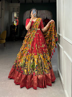 Lorenvalley Red Tussar Silk Kalamkari Print with Foil Work Border Lehenga Choli with Dupatta | Grocsy