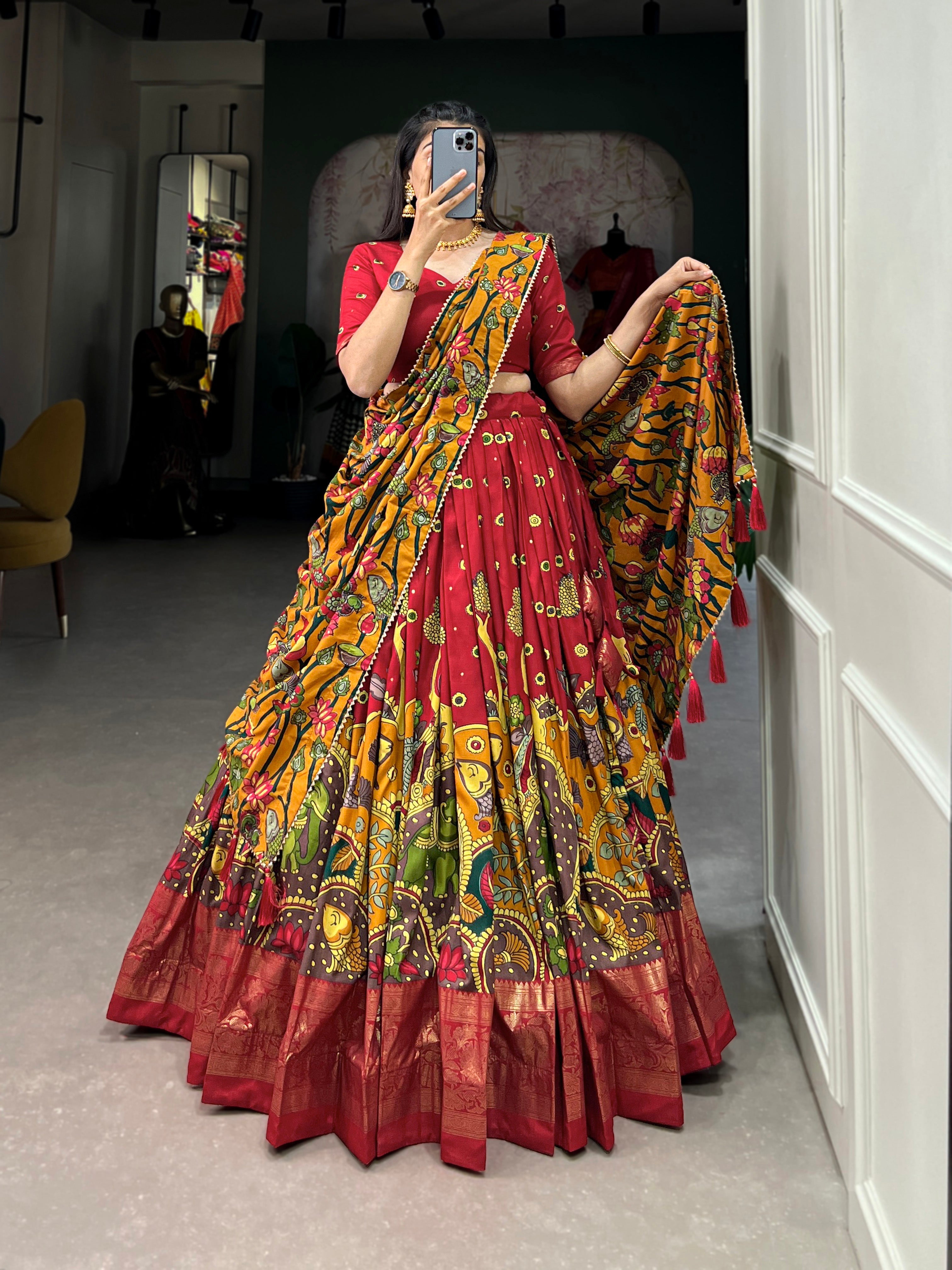 Lorenvalley Red Tussar Silk Kalamkari Print with Foil Work Border Lehenga Choli with Dupatta | Grocsy