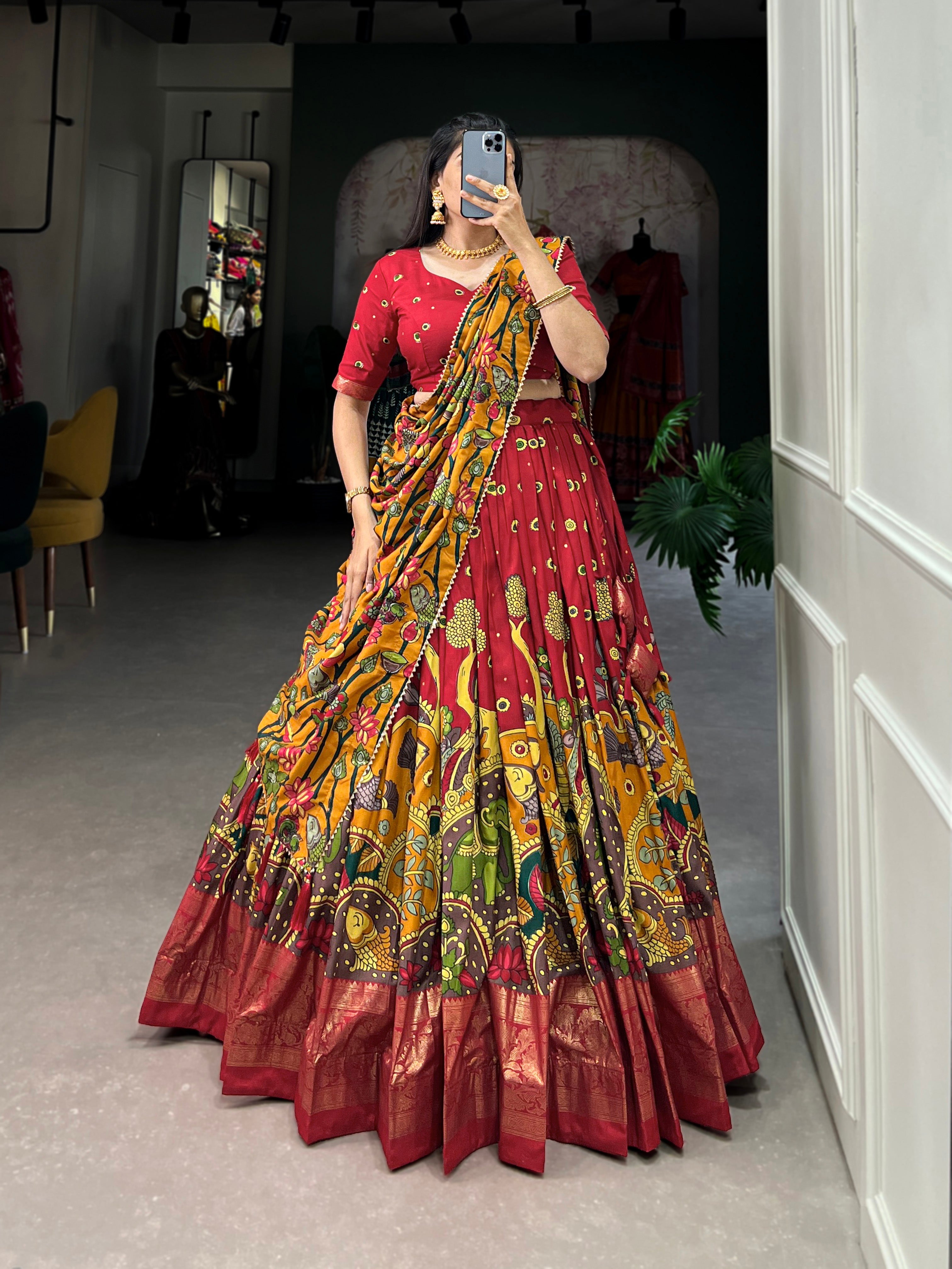 Lorenvalley Red Tussar Silk Kalamkari Print with Foil Work Border Lehenga Choli with Dupatta | Grocsy