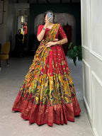 Lorenvalley Red Tussar Silk Kalamkari Print with Foil Work Border Lehenga Choli with Dupatta | Grocsy