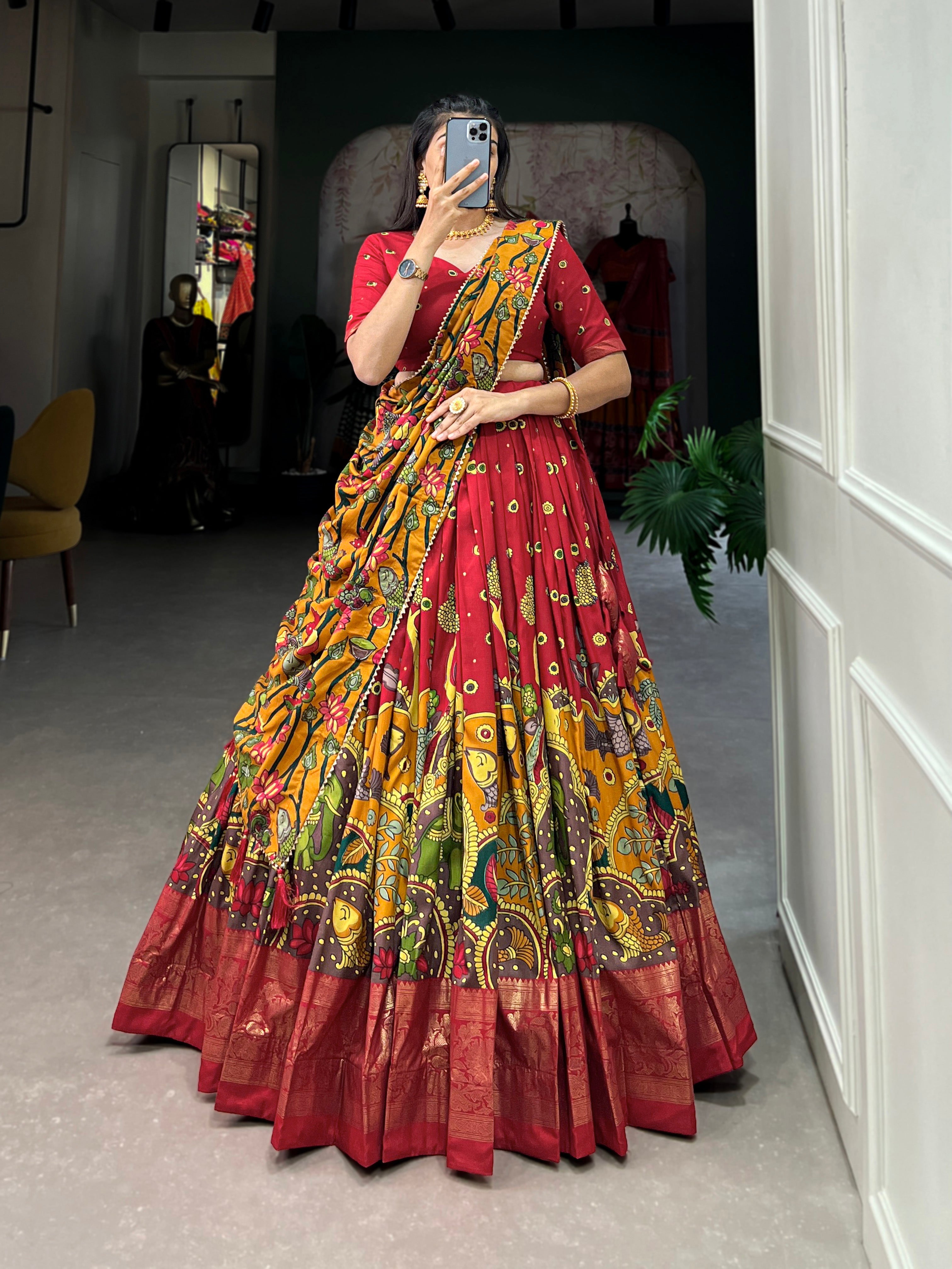 Lorenvalley Red Tussar Silk Kalamkari Print with Foil Work Border Lehenga Choli with Dupatta | Grocsy