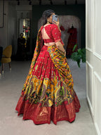 Lorenvalley Red Tussar Silk Kalamkari Print with Foil Work Border Lehenga Choli with Dupatta | Grocsy