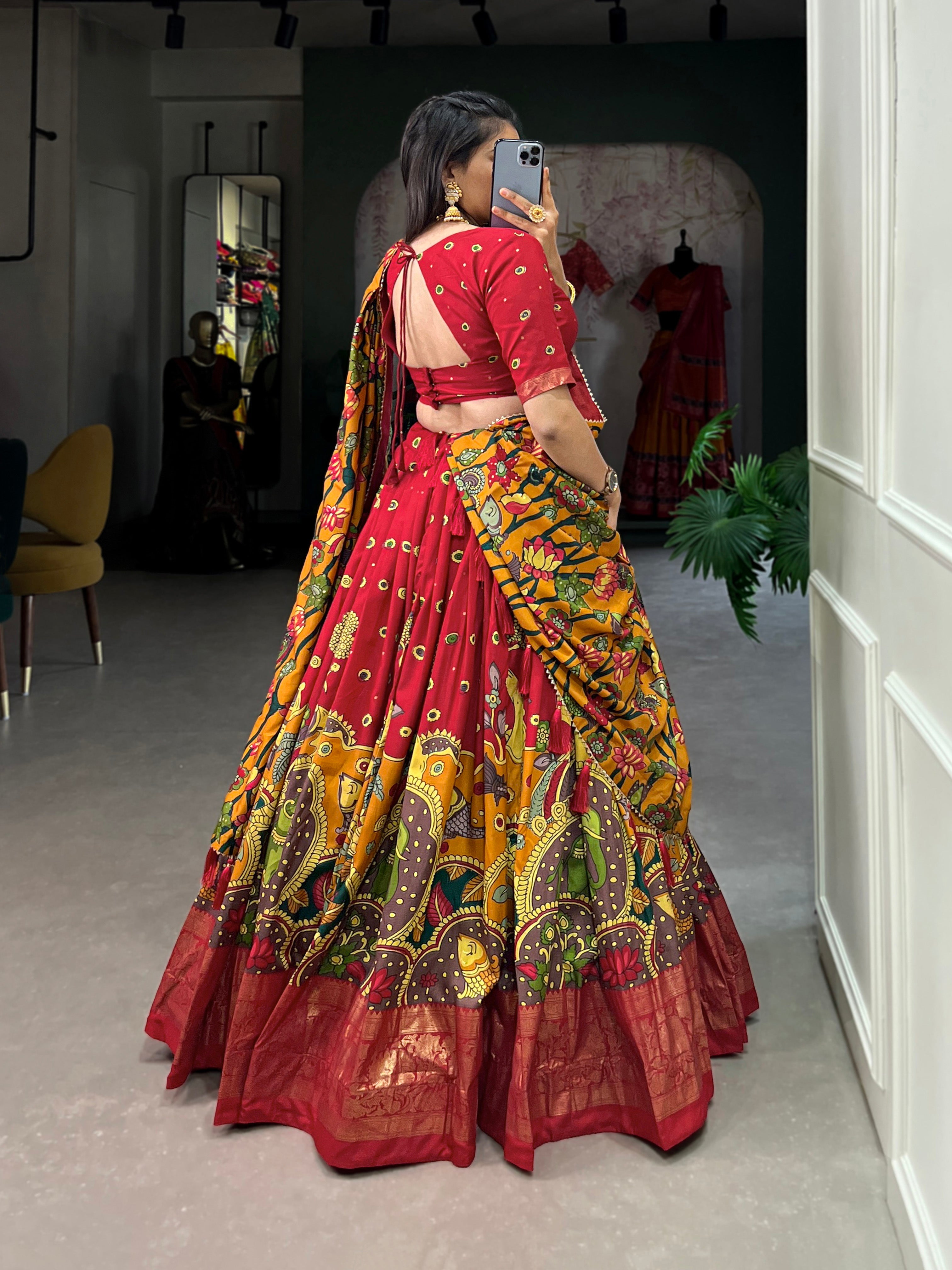 Lorenvalley Red Tussar Silk Kalamkari Print with Foil Work Border Lehenga Choli with Dupatta | Grocsy