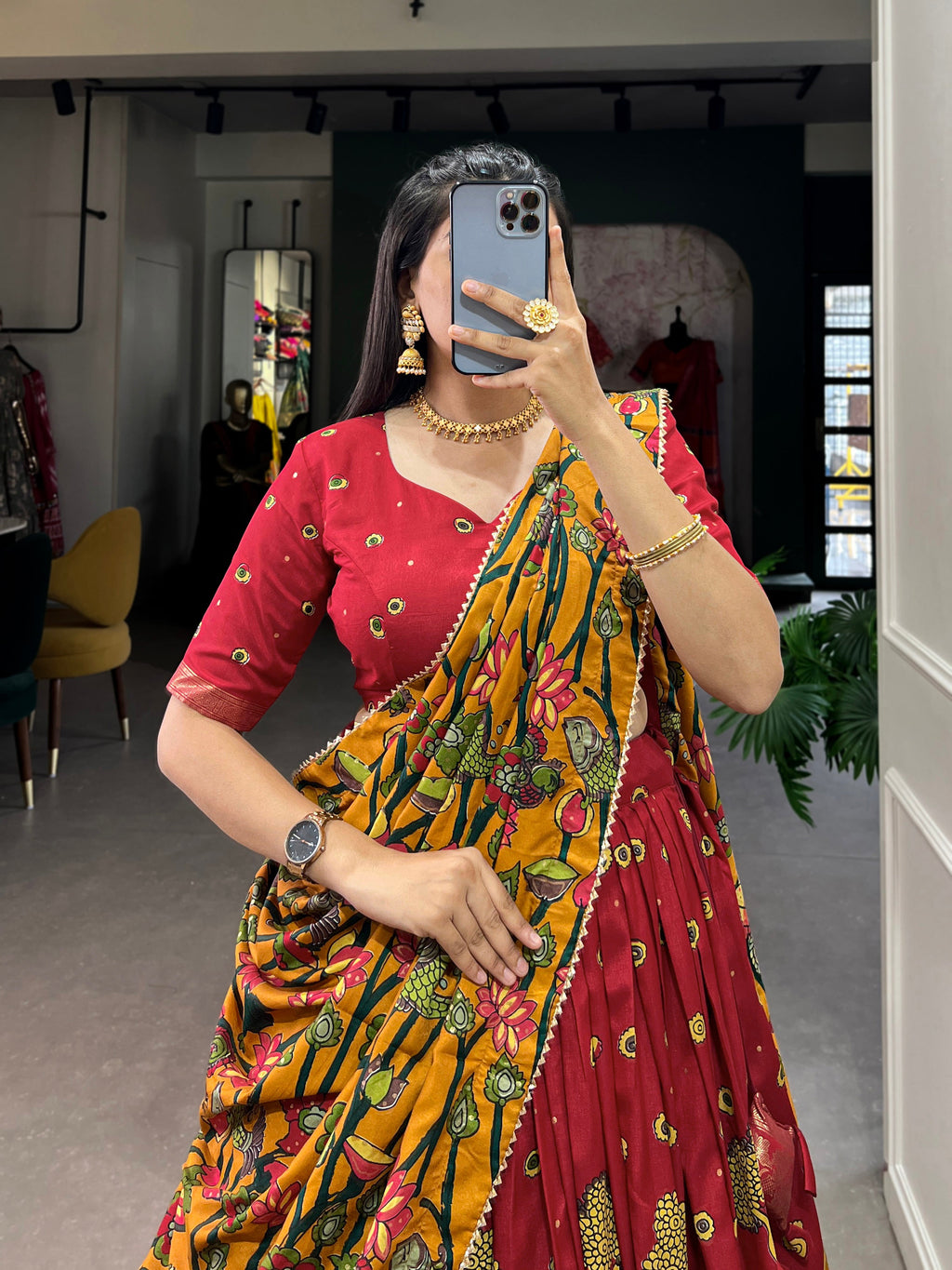 Lorenvalley Red Tussar Silk Kalamkari Print with Foil Work Border Lehenga Choli with Dupatta | Grocsy