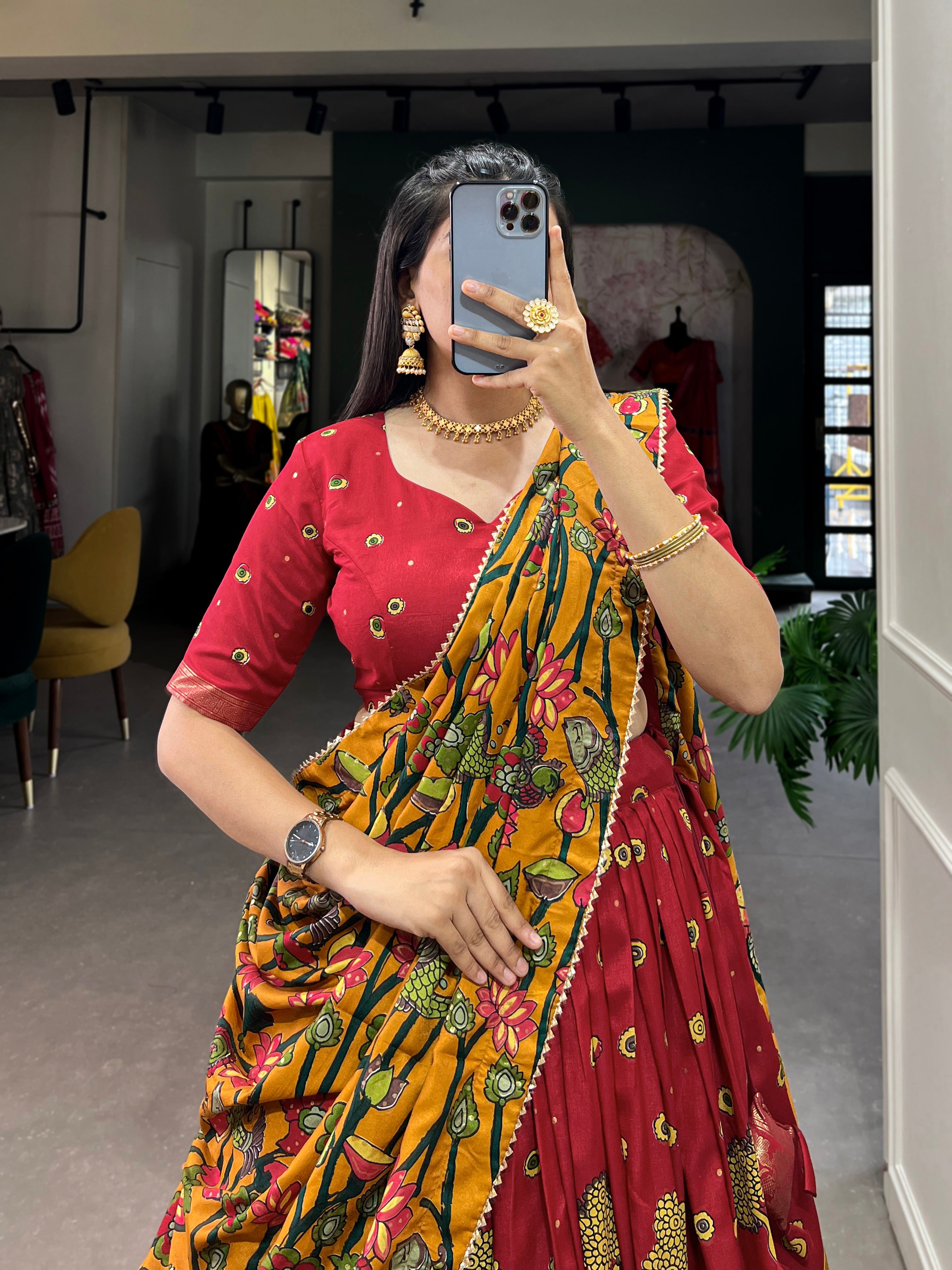 Lorenvalley Red Tussar Silk Kalamkari Print with Foil Work Border Lehenga Choli with Dupatta | Grocsy