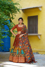 Lorenvalley Fashion Multicolor Tussar Silk Kalamkari Print with Foil Work Border Lehenga Choli with Dupatta | Grocsy