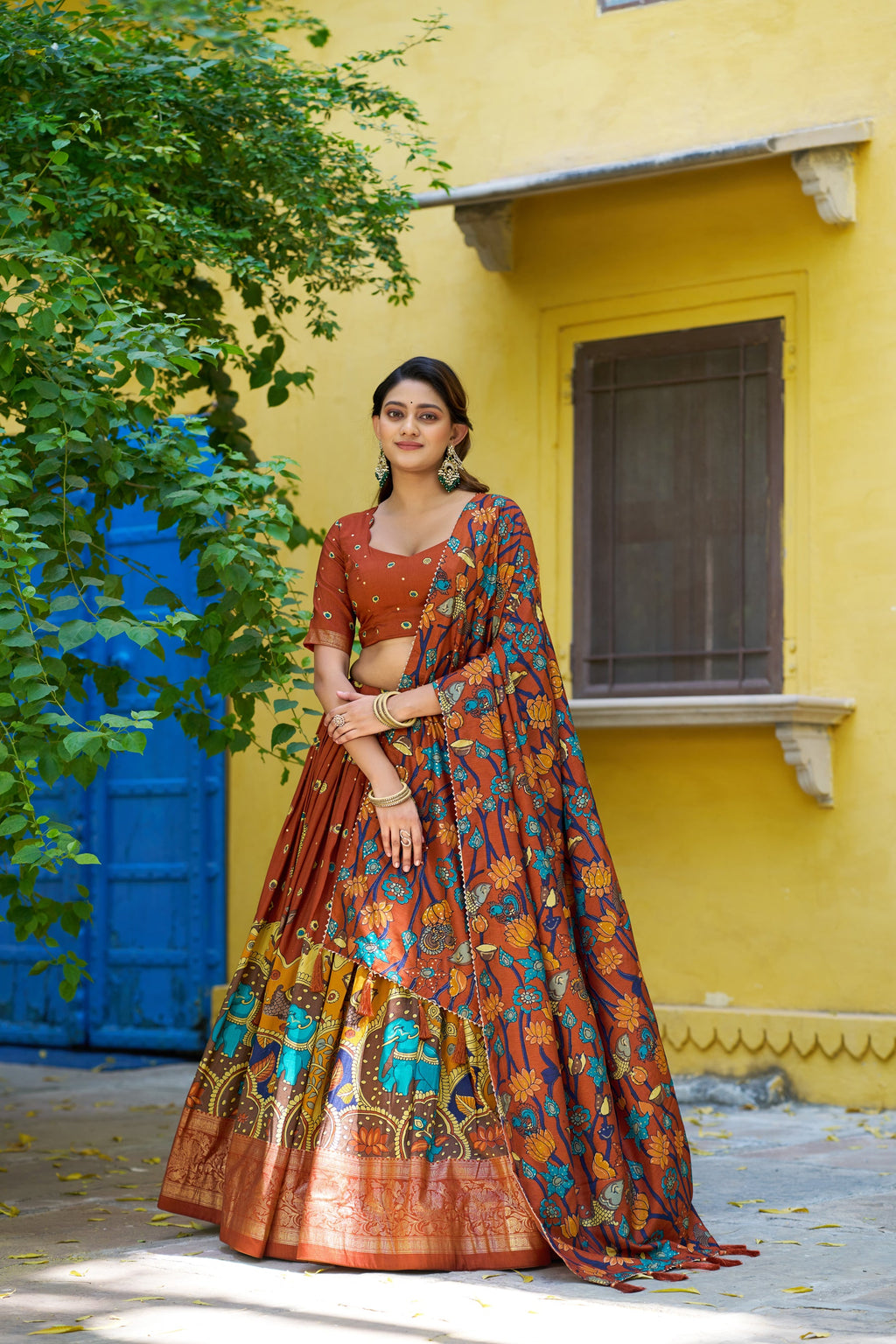 Lorenvalley Fashion Multicolor Tussar Silk Kalamkari Print with Foil Work Border Lehenga Choli with Dupatta | Grocsy