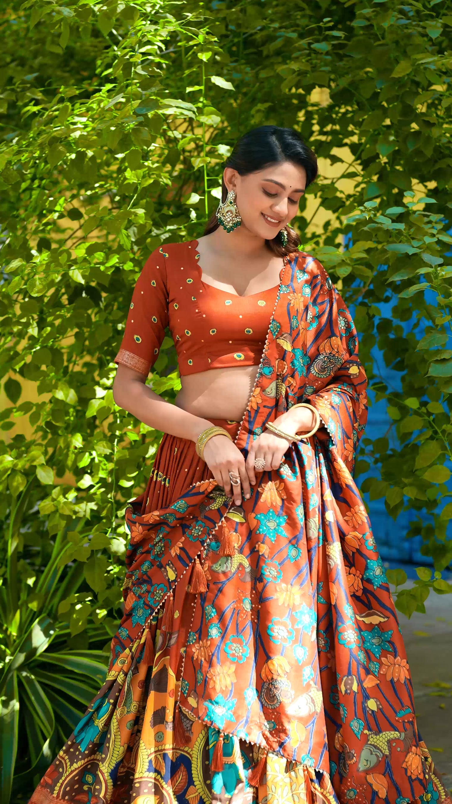 Lorenvalley Fashion Multicolor Tussar Silk Kalamkari Print with Foil Work Border Lehenga Choli with Dupatta | Grocsy