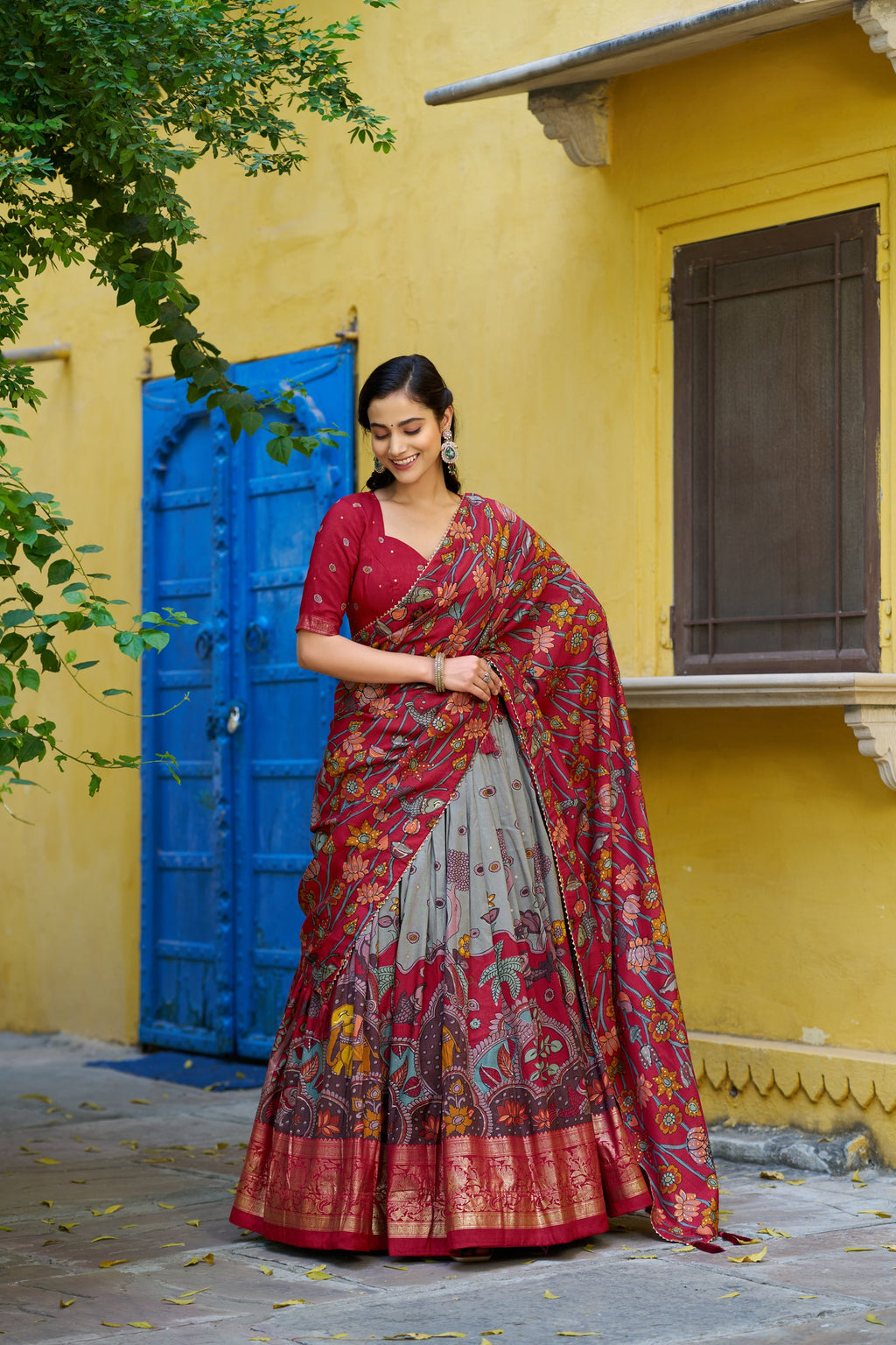 Lorenvalley Fashion Multicolor Tussar Silk Kalamkari Print with Foil Work Border Lehenga Choli with Dupatta | Grocsy