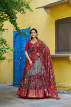 Lorenvalley Fashion Multicolor Tussar Silk Kalamkari Print with Foil Work Border Lehenga Choli with Dupatta | Grocsy