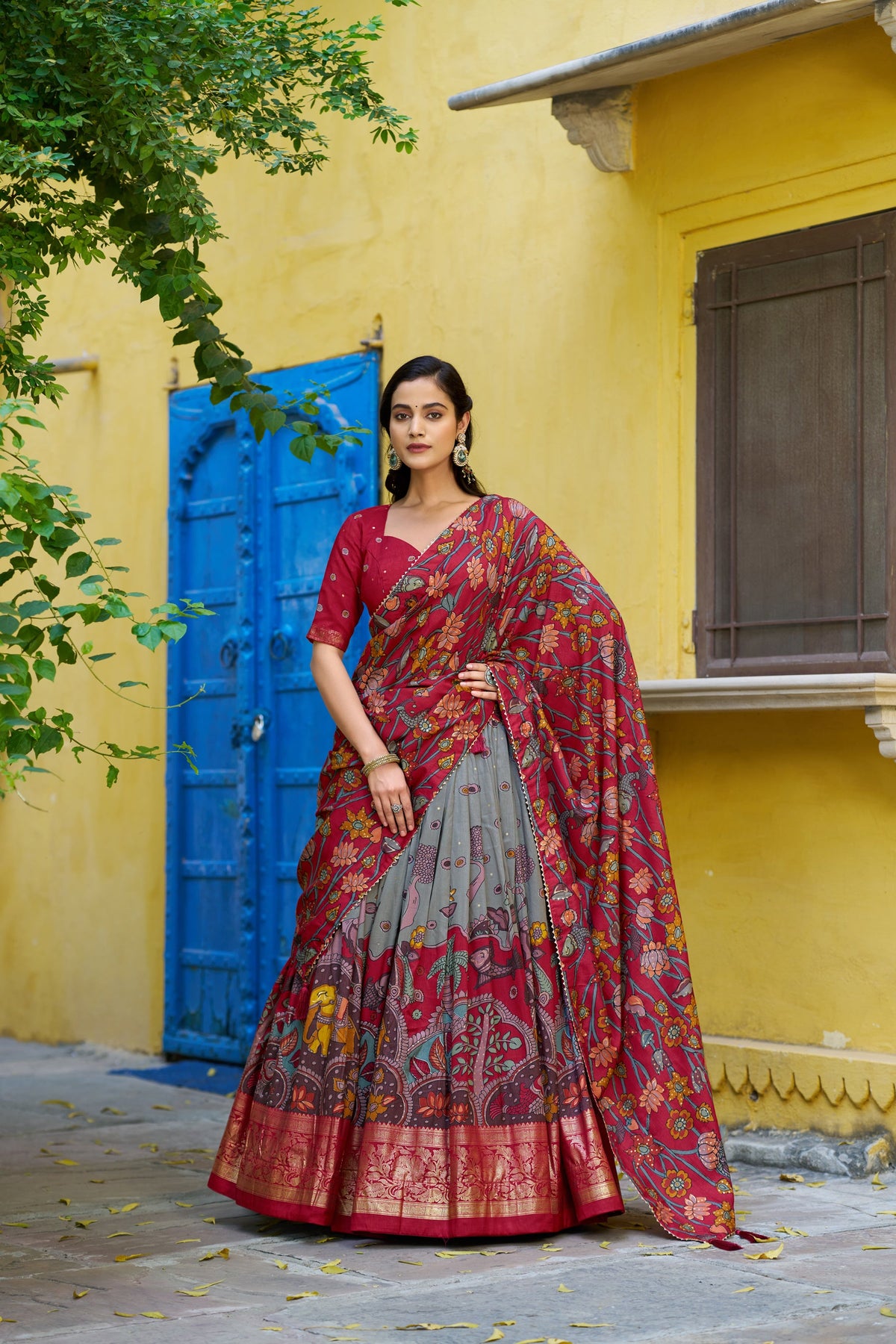 Lorenvalley Fashion Multicolor Tussar Silk Kalamkari Print with Foil Work Border Lehenga Choli with Dupatta | Grocsy