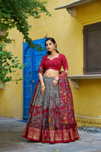 Lorenvalley Fashion Multicolor Tussar Silk Kalamkari Print with Foil Work Border Lehenga Choli with Dupatta | Grocsy