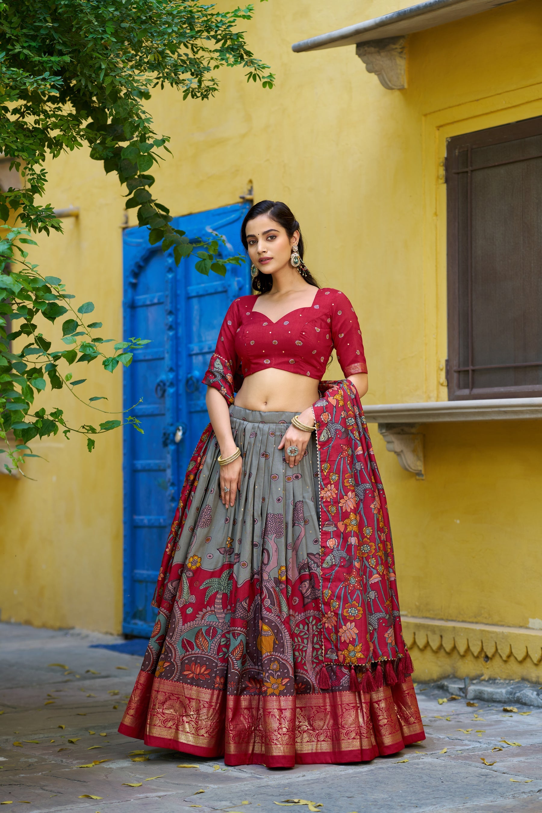 Lorenvalley Fashion Multicolor Tussar Silk Kalamkari Print with Foil Work Border Lehenga Choli with Dupatta | Grocsy
