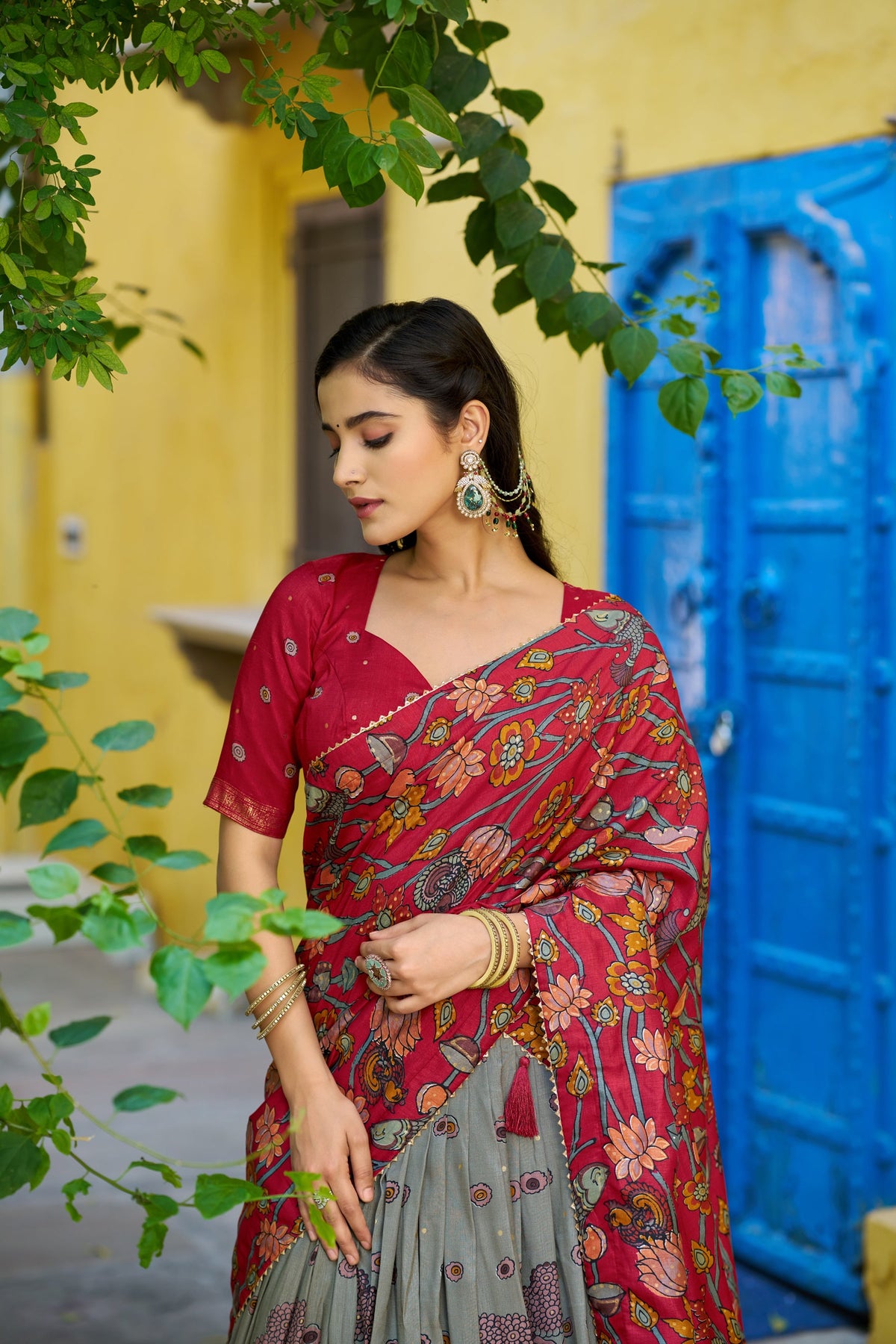 Lorenvalley Fashion Multicolor Tussar Silk Kalamkari Print with Foil Work Border Lehenga Choli with Dupatta | Grocsy