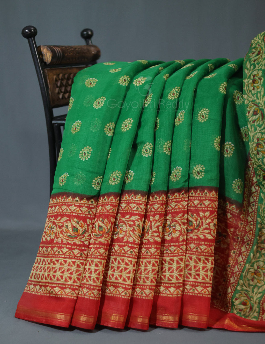 Shades of Leaf Green Floral Print Semi Chanderi Saree By Gayathri Reddy Designer Studio | Grocsy