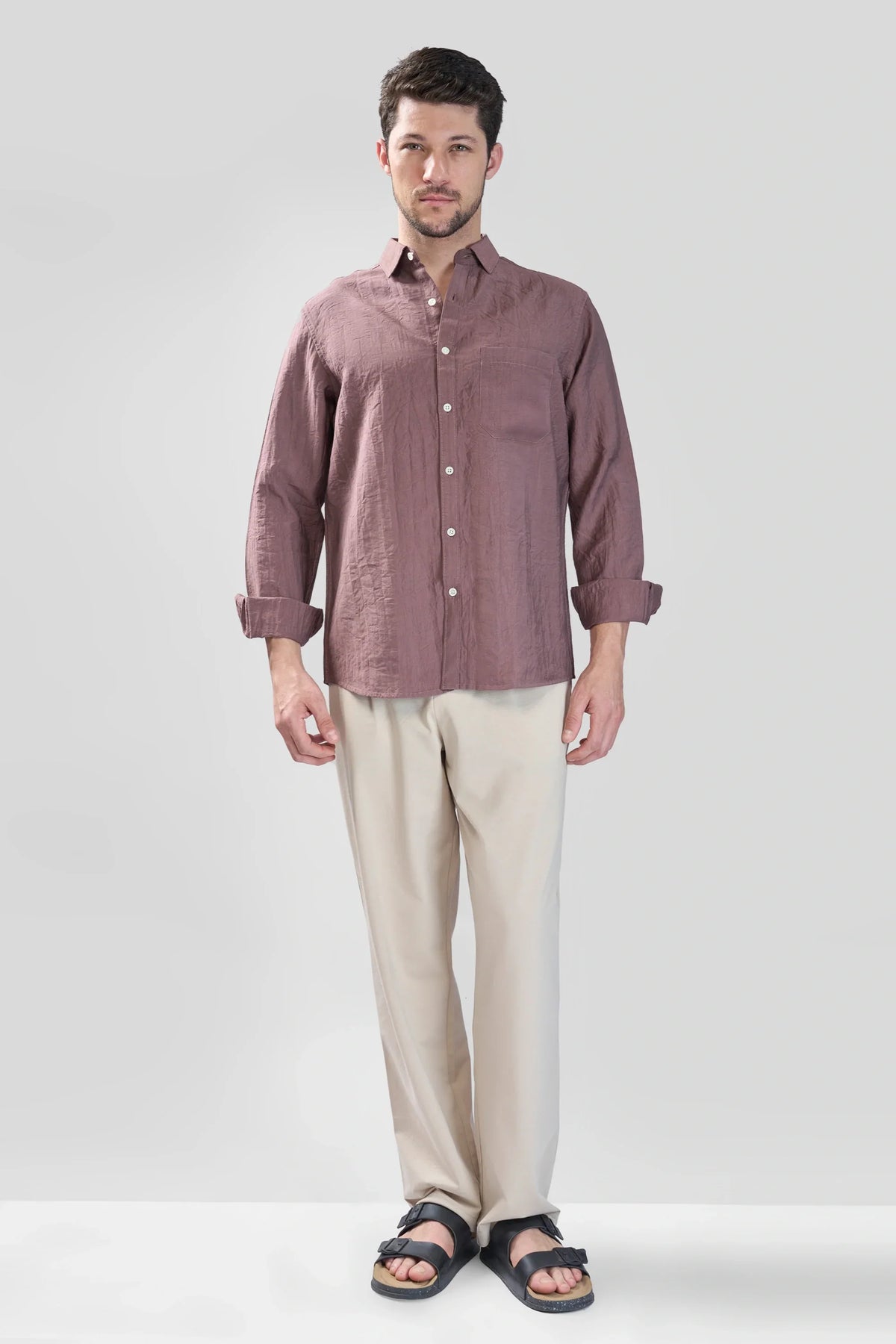 Xkind Brown Crush Wrinkled Look Regular Fit Shirt | Grocsy