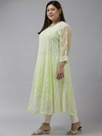 ADA Women Lime Green & White Ethnic Motifs Plus Size Chikankari Georgette Anarkali Kurta | Grocsy