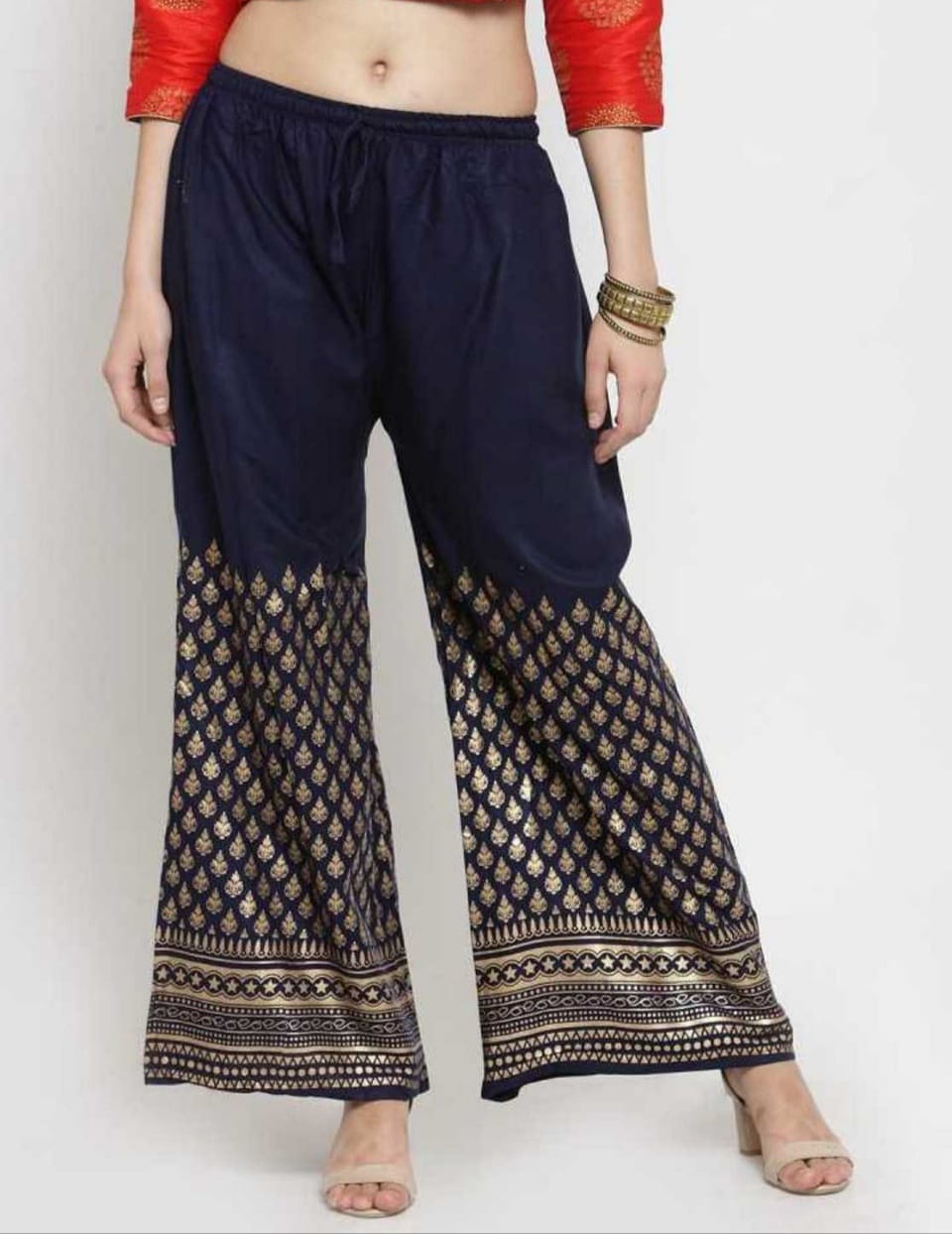PAVONINE Navy Blue Color Minar Half Golden Print Sharara For Women | Grocsy