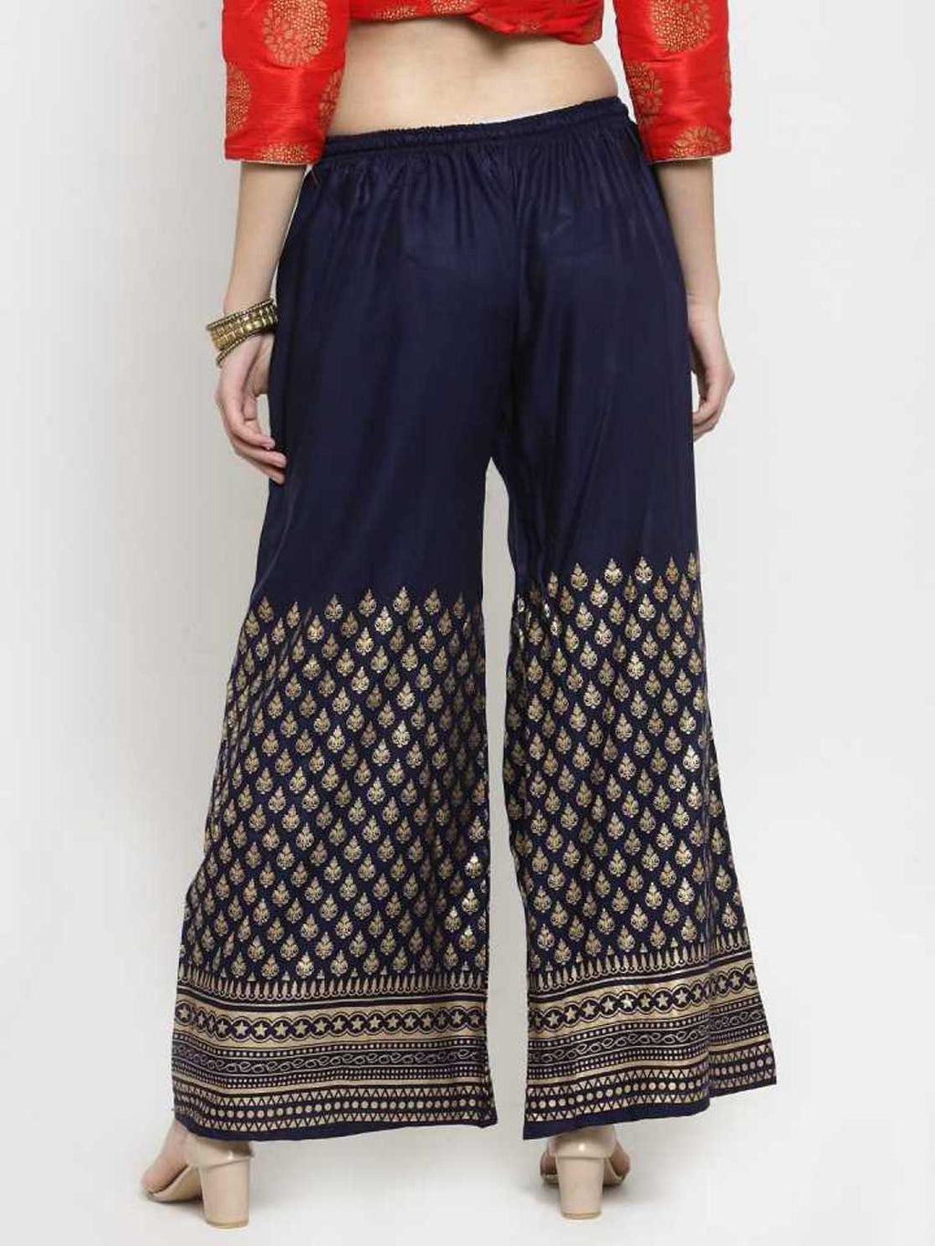 PAVONINE Navy Blue Color Minar Half Golden Print Sharara For Women | Grocsy