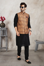 Raivat Ethnic Art Banarasi Silk Printed Work 3 Pics Jacket Set In Beige Colour | Grocsy