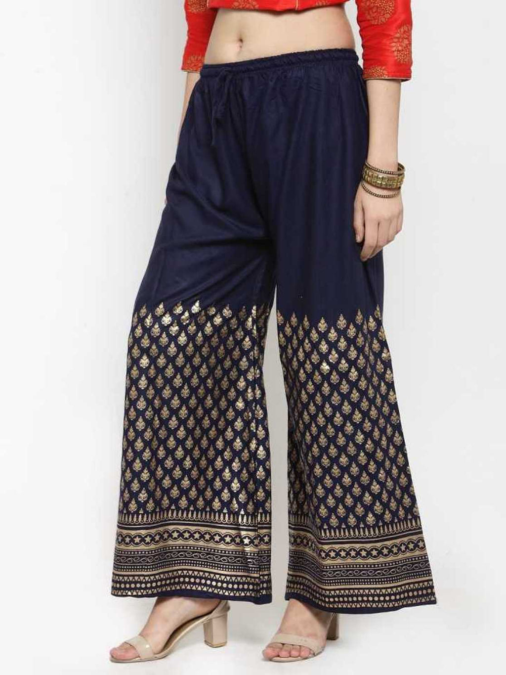 PAVONINE Navy Blue Color Minar Half Golden Print Sharara For Women | Grocsy