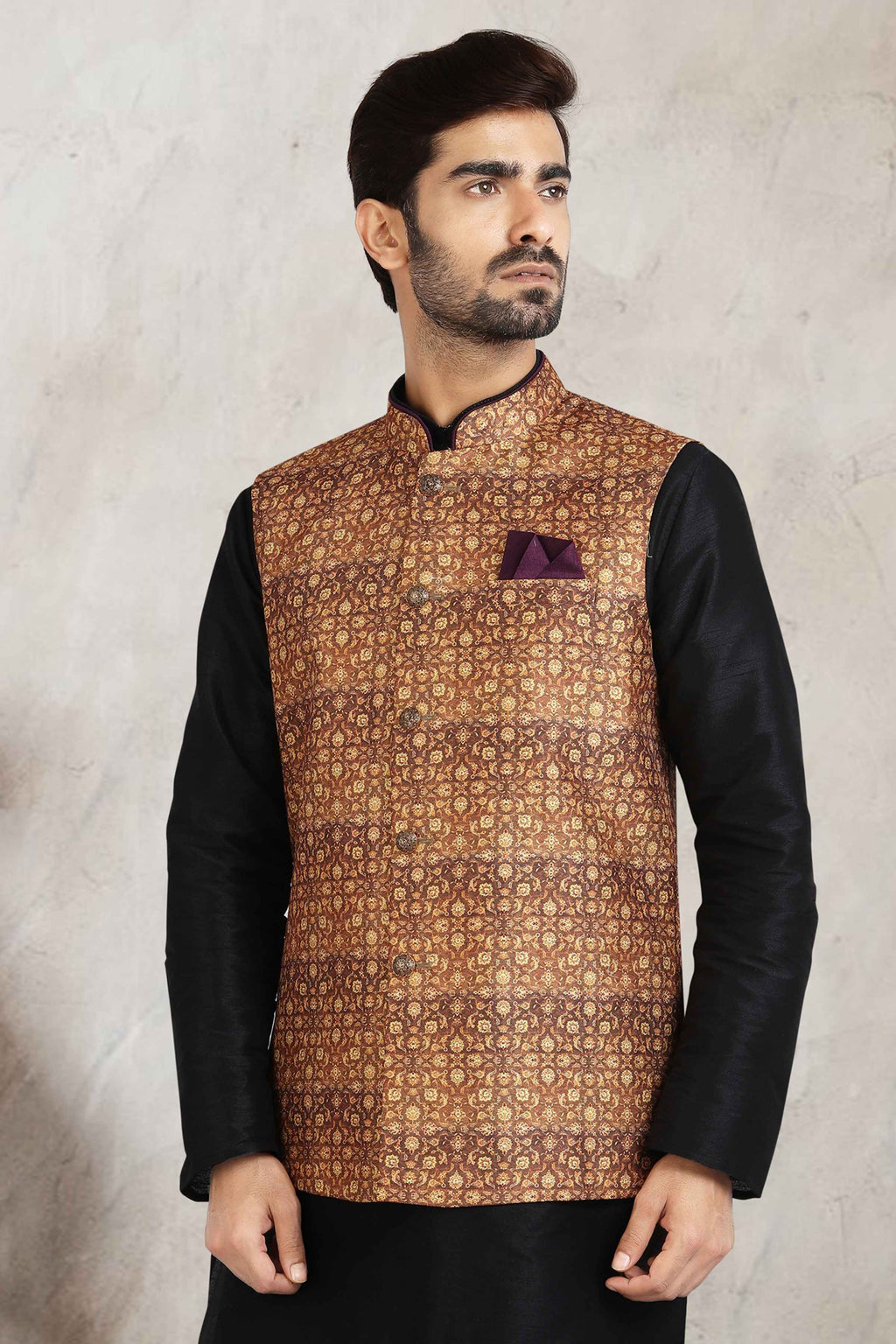 Raivat Ethnic Art Banarasi Silk Printed Work 3 Pics Jacket Set In Beige Colour | Grocsy