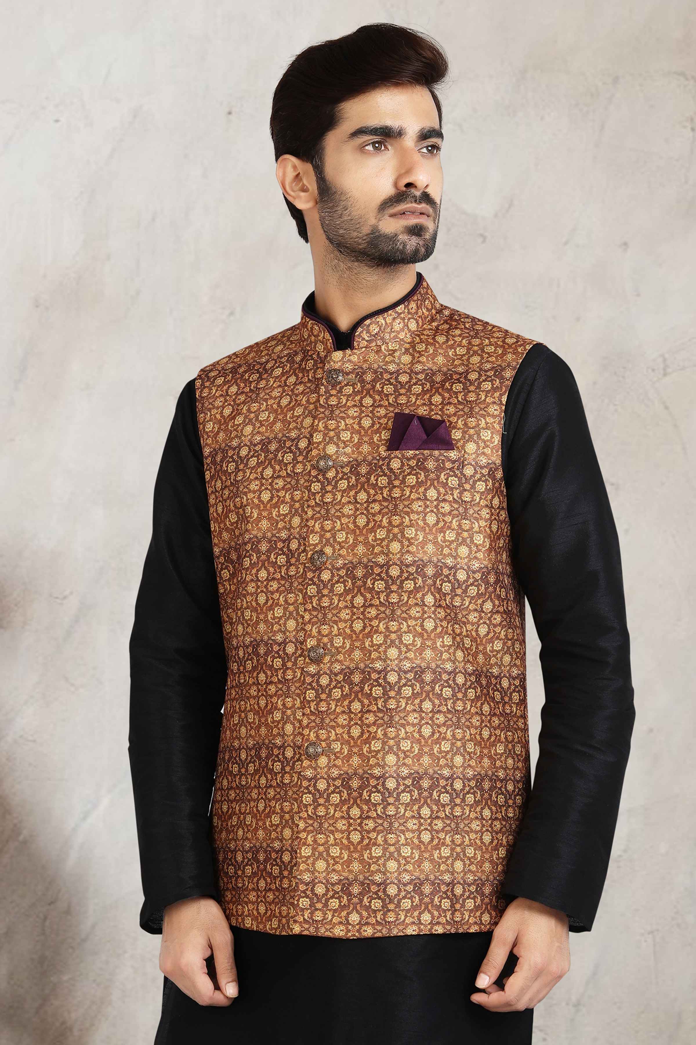 Raivat Ethnic Art Banarasi Silk Printed Work 3 Pics Jacket Set In Beige Colour | Grocsy