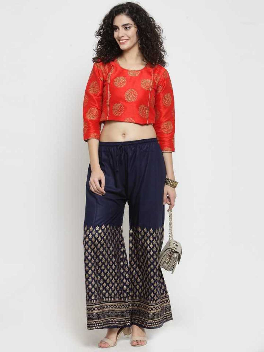 PAVONINE Navy Blue Color Minar Half Golden Print Sharara For Women | Grocsy