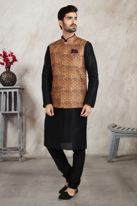 Raivat Ethnic Art Banarasi Silk Printed Work 3 Pics Jacket Set In Beige Colour | Grocsy