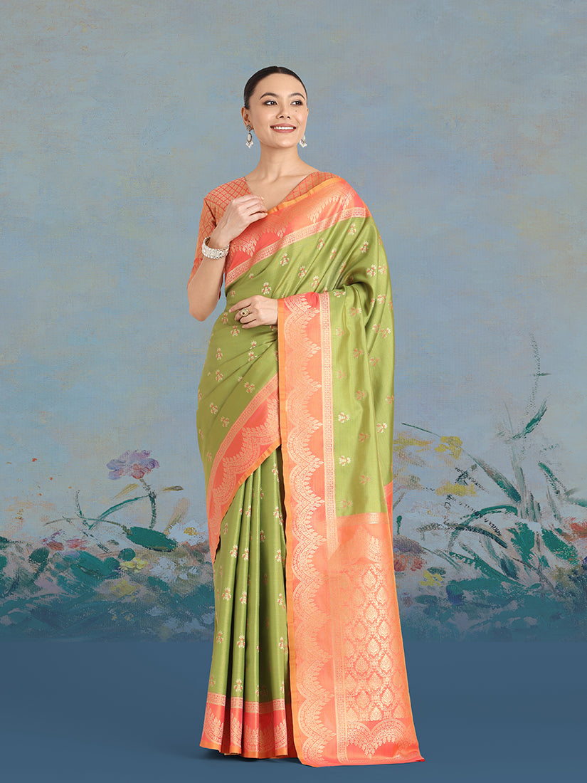 Monjolika Fashion Olive Green Color Weaving Banarasi Tissue Silk Classic Saree | Grocsy
