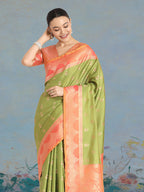 Monjolika Fashion Olive Green Color Weaving Banarasi Tissue Silk Classic Saree | Grocsy