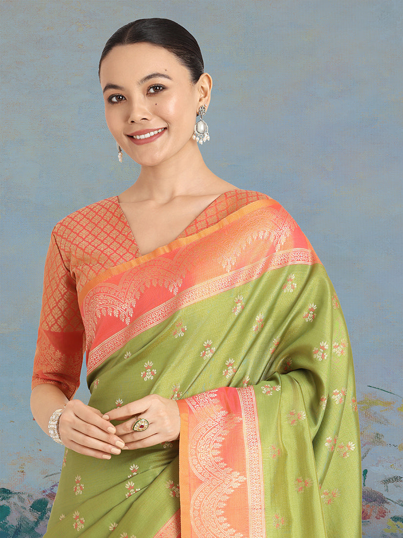 Monjolika Fashion Olive Green Color Weaving Banarasi Tissue Silk Classic Saree | Grocsy