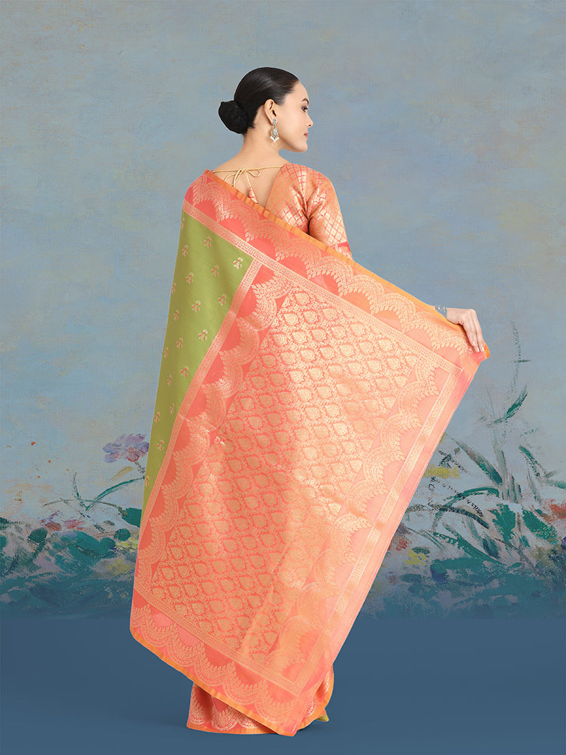 Monjolika Fashion Olive Green Color Weaving Banarasi Tissue Silk Classic Saree | Grocsy