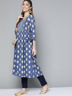 HERE&NOW Women Navy Blue & Mustard Yellow Ethnic Printed Gotta Patti Pure Cotton Kurta | Grocsy