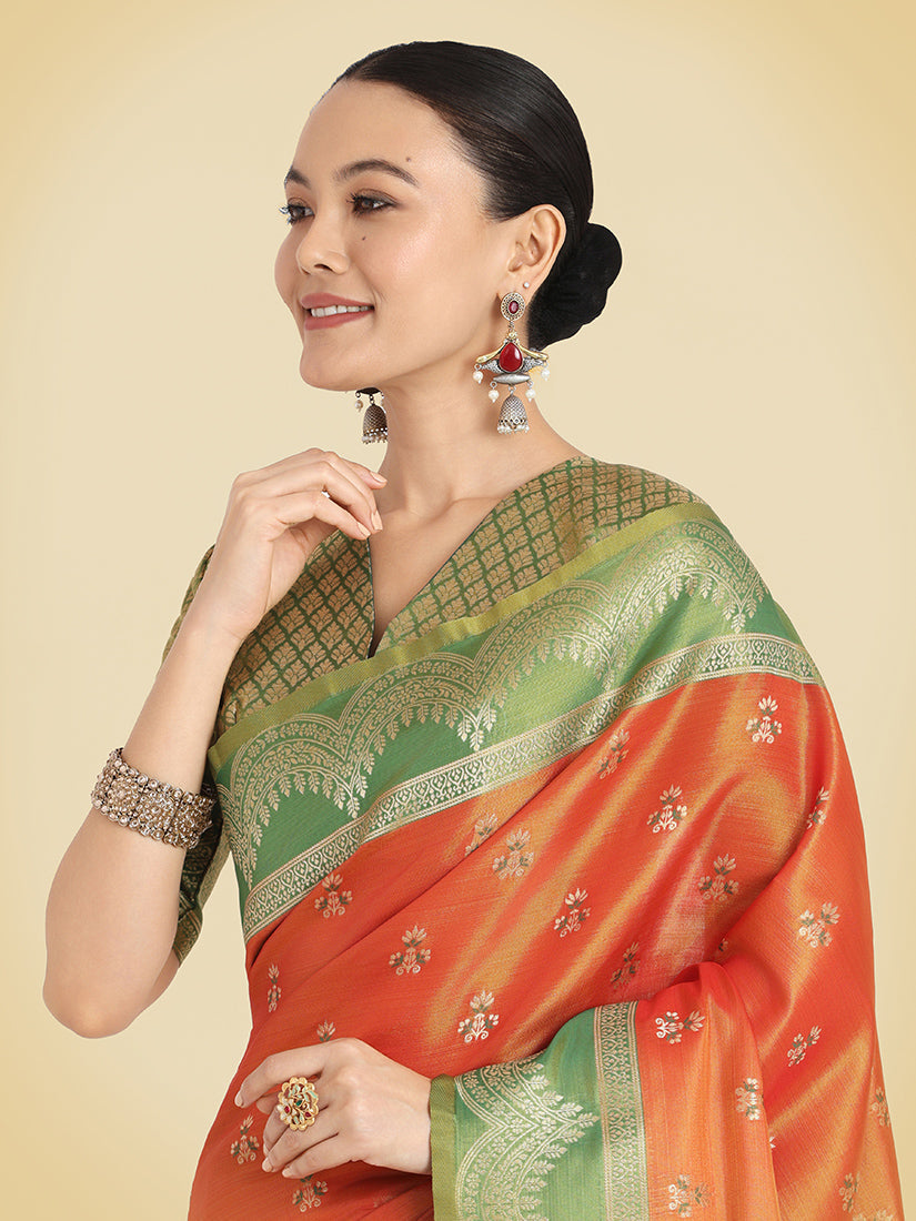 Monjolika Fashion Orange Color Weaving Banarasi Tissue Silk Classic Saree | Grocsy