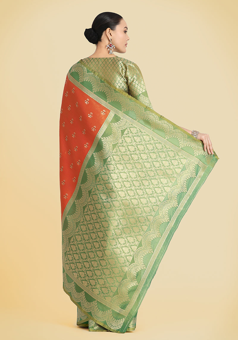 Monjolika Fashion Orange Color Weaving Banarasi Tissue Silk Classic Saree | Grocsy
