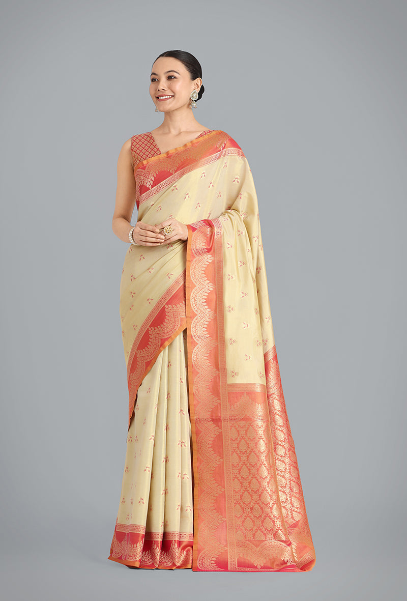 Monjolika Fashion Cream Color Weaving Banarasi Tissue Silk Classic Saree | Grocsy