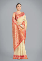 Monjolika Fashion Cream Color Weaving Banarasi Tissue Silk Classic Saree | Grocsy
