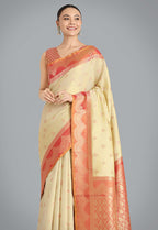 Monjolika Fashion Cream Color Weaving Banarasi Tissue Silk Classic Saree | Grocsy